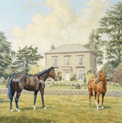 Lot 1147 - Roy Miller (b.1938) Horses before a country house Signed and dated (19)77, signed, inscribed...