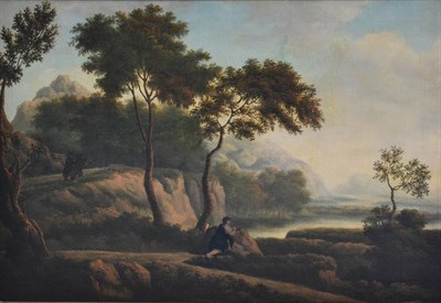 Lot 1163 - Manner of Poussin (1594-1665)  Classically draped figure overlooking a lakeland landscape Oil...