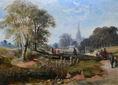 Lot 1176 - Attributed to Sam Bough RSA (1822-1870)  Going to Church - River landscape with figures and...