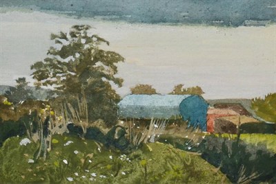 Lot 1191 - Lionel Bulmer (1919-1992) Farm barns by estuary Watercolour heightened with white, 11.5cm by 16.5cm