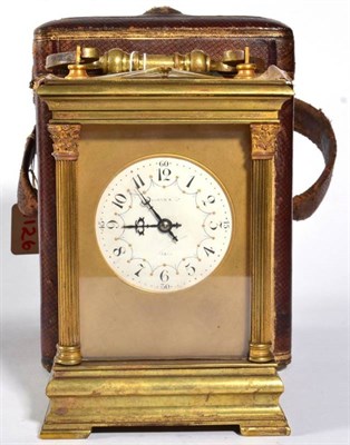 Lot 1200 - A Brass Striking and Repeating Carriage Clock, retailed by Gibson & Co, Paris, circa 1900, carrying