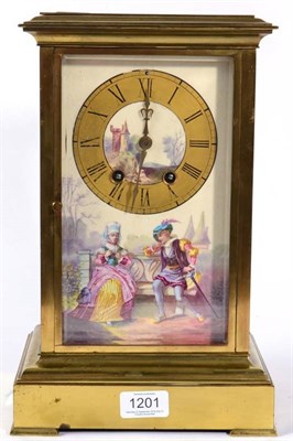 Lot 1201 - A Brass and Porcelain Mounted Striking Mantel Clock, circa 1900, side porcelain panels...