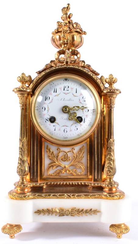 Lot 1203 - A Gilt Metal and White Marble Striking Mantel Clock, retailed by Cheriller, Paris, circa 1900,...