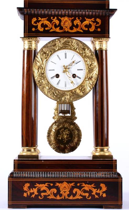 Lot 1208 - A Rosewood Inlaid Portico Striking Mantel Clock, circa 1870, inlaid columns with gilt metal...