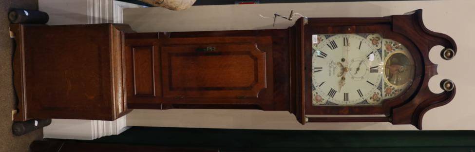 Lot 1209 - An Oak and Mahogany Eight Day Longcase Clock, swan neck pediment, mahogany crossbanded trunk...