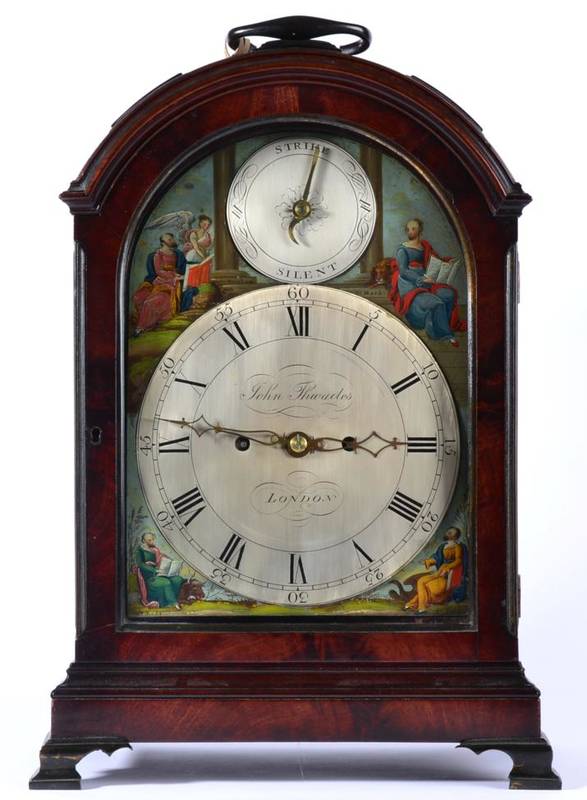 Lot 1221 - A Mahogany Quarter Striking Table Clock, triple pad top pediment with a carrying handle, fish scale