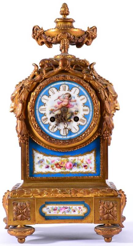 Lot 1223 - An Ormolu and Porcelain Mounted Striking Mantel Clock, circa 1880, surmounted by an urn finial,...