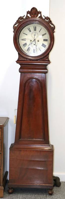 Lot 1225 - A Mahogany Eight Day Longcase Clock, scroll and shell motif carved pediment, tapered trunk, 14-inch