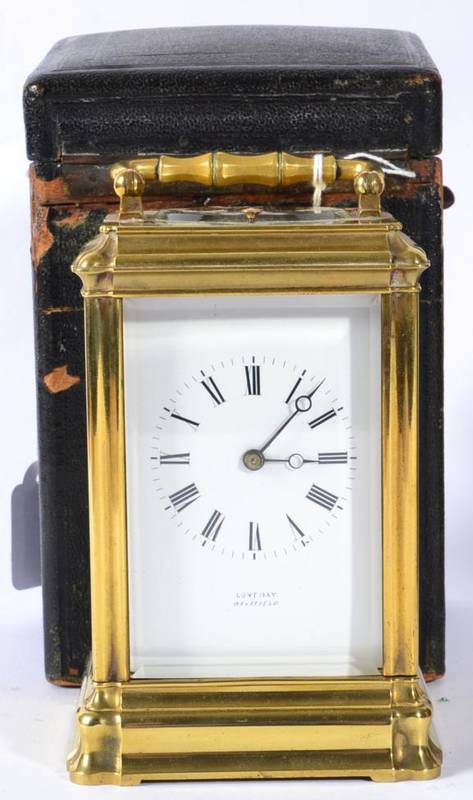 Lot 1234 - A Brass Striking and Repeating Carriage Clock, retailed by Loveday, Wakefield, circa 1890, carrying