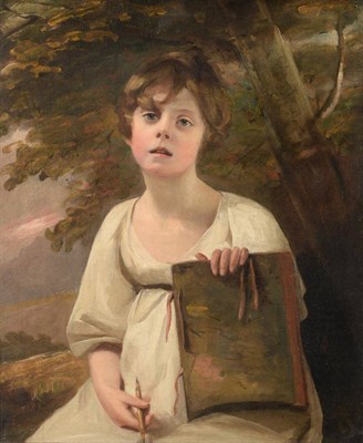 Lot 696 - Circle of Sir Henry Raeburn RA PRSA (1756-1823) Portrait of a young girl, half length holding a...