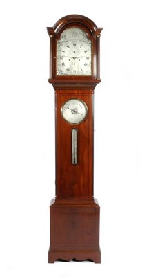 Lot 1239 - A Mahogany Longcase Clock with combined Wheel Barometer and Thermometer, arched pediment, brass...