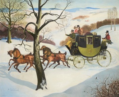 Lot 765 - Anna Katrina Zinkeisen (1901-1976) A Stagecoach driving through a winter landscape Signed, oil...