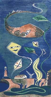 Lot 834 - Lill Tschudi (1911-2004) Swiss  "Kites " Signed in pencil and inscribed, linocut printed in...