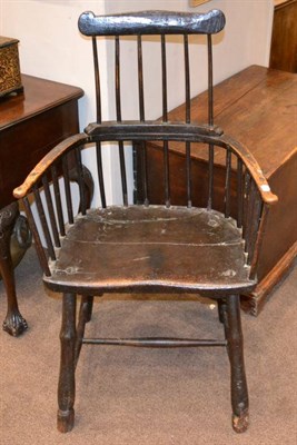 Lot 1358 - An 18th Century Elm and Painted Comb-Back Armchair, with double spindle back support above a...