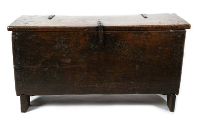 Lot 1360 - An Early 17th Century Six-Plank Chest, with hinged lid and iron fittings, 112cm by 42cm by 59cm See