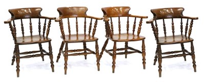Lot 1364 - A Set of Four 19th Century Ash Smoker's Bow Armchairs, with spindle turned supports and...