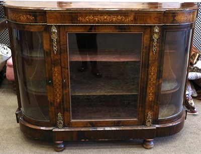 Lot 1418 - A Victorian Figured Walnut and Marquetry Inlaid Breakfront Credenza, circa 1870, with three...