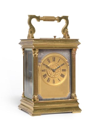 Lot 931 - A Brass Striking and Repeating Carriage Clock, circa 1900, carrying handle, repeat button,...