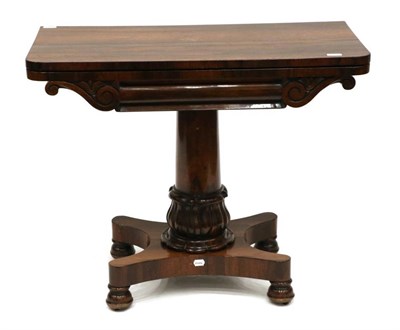 Lot 1450 - A William IV Rosewood Foldover Card Table, 2nd quarter 19th century, the scrolled frieze above...
