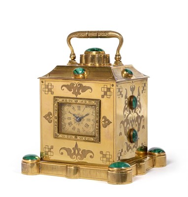 Lot 952 - An Unusual Brass Engraved Malachite Cabochon Set Striking Carriage Clock, circa 1850, the...