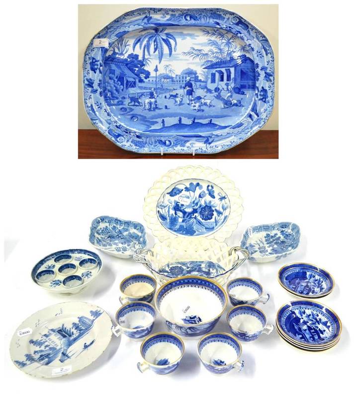 Lot 2 - An English Delft Plate, circa 1750, painted in blue with a river landscape, 22cm diameter; A...