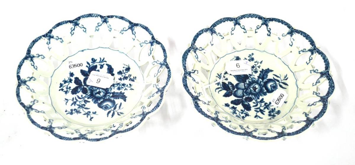 Lot 6 - A Pair of First Period Worcester Porcelain Circular Baskets, circa 1775, printed in underglaze blue