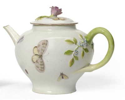 Lot 11 - A Chelsea Porcelain Teapot and Cover, circa 1755, of baluster form painted with insects, within...