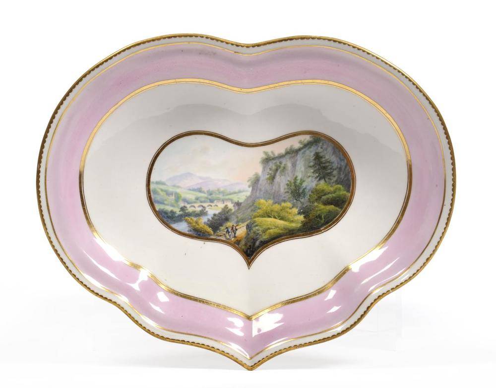 Lot 26 - A Derby Porcelain Dessert Dish, circa 1790, of kidney shape, painted with ";In Matlock Vale,...
