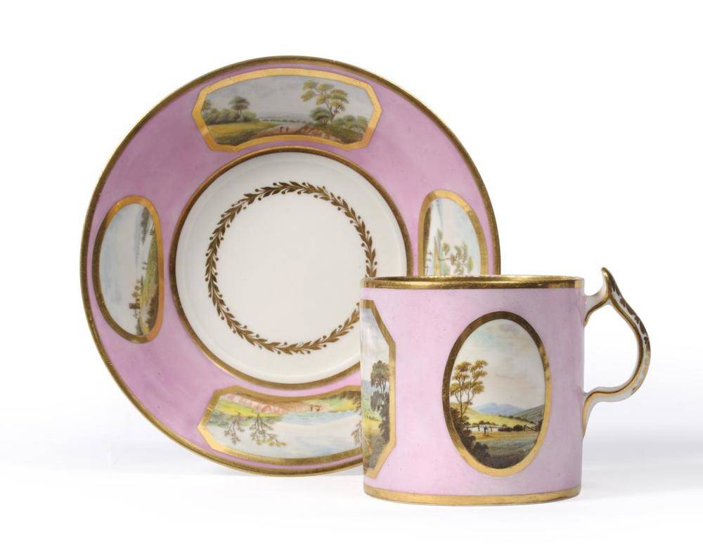 Lot 30 - A Derby Porcelain Coffee Can and Saucer, circa 1790, painted with ";On Wirksworth Moor,...