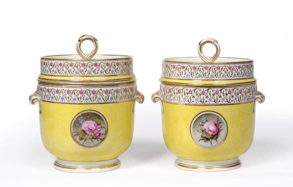 Lot 32 - A Pair of Derby Porcelain Fruit Coolers, Covers and A Liner, circa 1790, painted with rose...