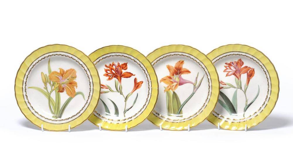 Lot 36 - A Set of Four Derby Porcelain Plates, en suite to the preceding lot, painted with ";Amaryllis...