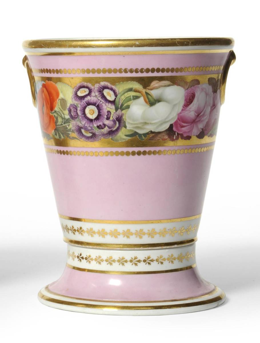 Lot 39 - A Flight & Barr Worcester Porcelain Cache Pot and Stand, circa 1790, painted with flowers on a gold