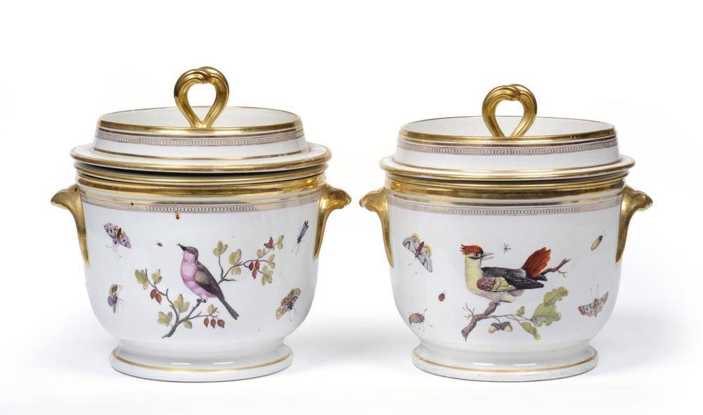 Lot 50 - A Pair of English Porcelain Fruit Coolers, Covers and Liners, circa 1800, painted in Meissen...