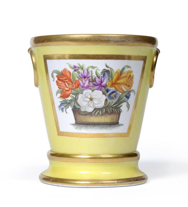 Lot 55 - An English Porcelain Cache Pot and Stand, circa 1800, with ring handles, painted with a basket...