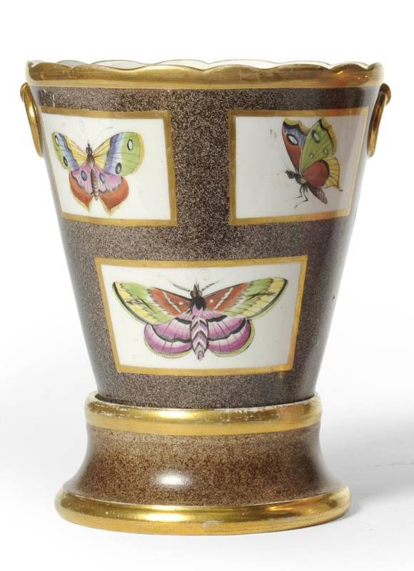 Lot 58 - An English Porcelain Cache Pot and Stand, circa 1810, with ring handles, painted with three...
