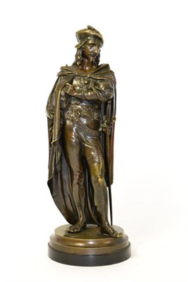 Lot 1002 - A French Bronze Figure of Hamlet, late 19th century, standing wearing flowing robes, his sword...