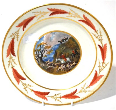 Lot 65 - An English Porcelain Plate, circa 1820, painted with a hunting scene within a red and gilt leaf and
