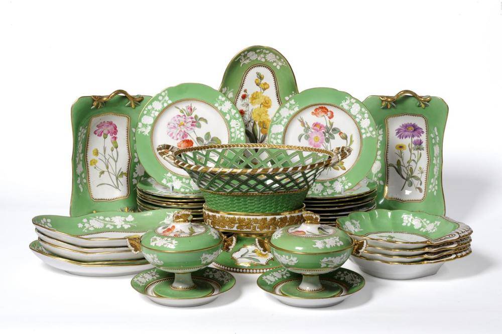 Lot 66 - A Spode Porcelain Dessert Service, circa 1820, painted with flower sprays within green borders...