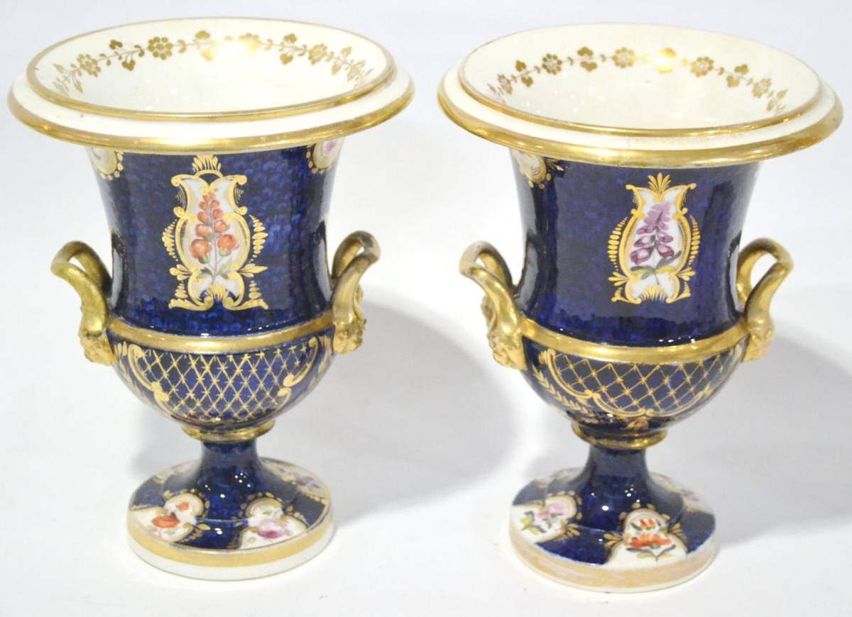 Lot 70 - A Pair of English Porcelain Urn Shape Twin-Handled Vases, circa 1820, painted with flower...