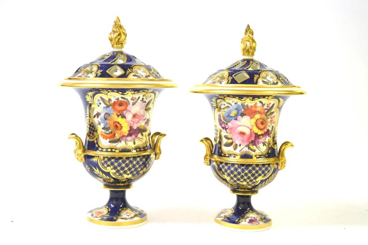 Lot 71 - A Pair of English Porcelain Twin-Handled Urn Shape Vases and Pierced Covers, circa 1820,...