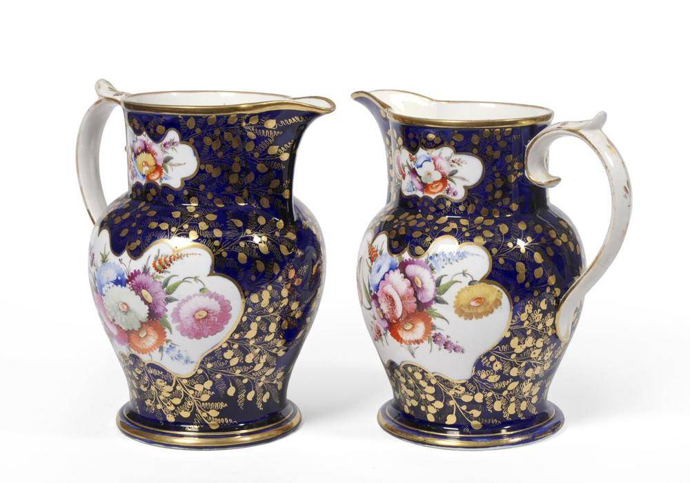 Lot 72 - A Pair of English Porcelain Large Jugs, probably Coalport, circa 1820, of baluster form painted...