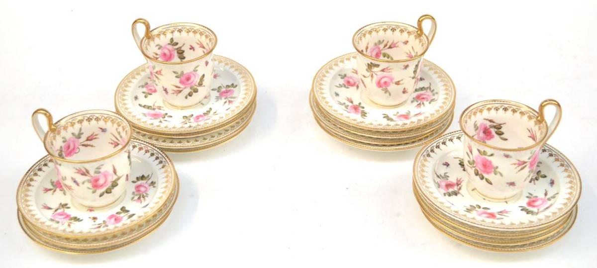 Lot 75 - A Set of Four English Porcelain Empire Style Cups and Fifteen Saucers, painted with pink rose...
