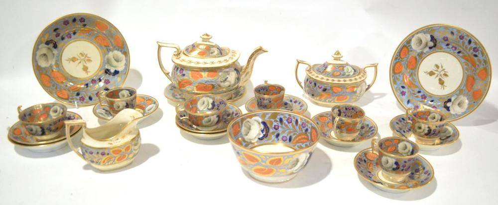 Lot 76 - A Staffordshire Porcelain Tea and Coffee Service, circa 1820, painted with stylised flowers on...