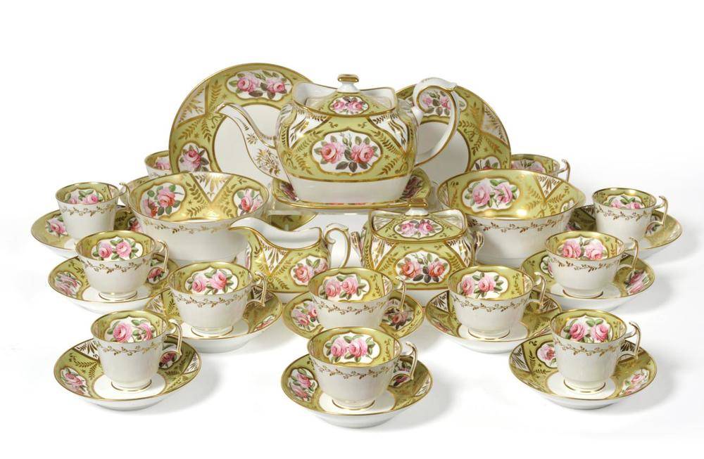 Lot 78 - A Spode Porcelain Tea and Coffee Service, circa 1820, painted with pink roses in panels on a...