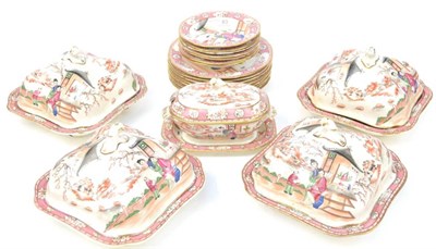 Lot 83 - A Staffordshire Porcelain Dinner Service, circa 1810, painted Chinese export style with figures...