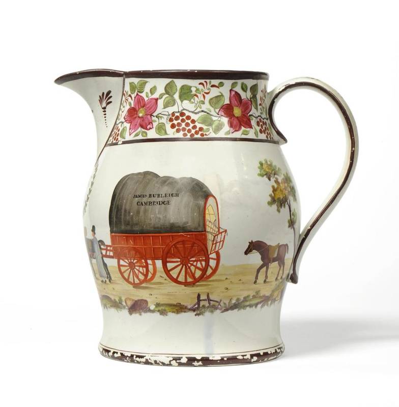 Lot 113 - A Large Pearlware Ale Jug, circa 1830, of baluster form, painted with a wagon and horses beside...