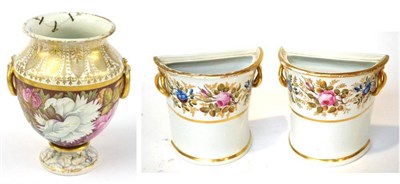 Lot 114 - A Pair of Davenport Pearlware D Shape Bough Pots, circa 1830, with ring handles, painted with bands