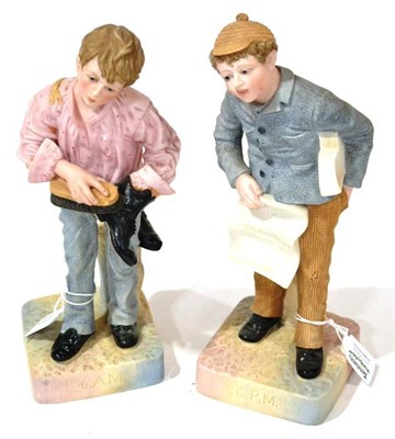 Lot 123 - A Pair of Robinson & Leadbeater Bisque Figures, circa 1900, titled ";6am"; and ";6pm"; depicted...