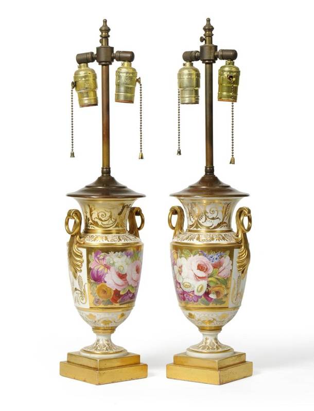 Lot 137 - A Pair of Paris Porcelain Urn Shape Vases, early 19th century, with leaf scroll handles,...