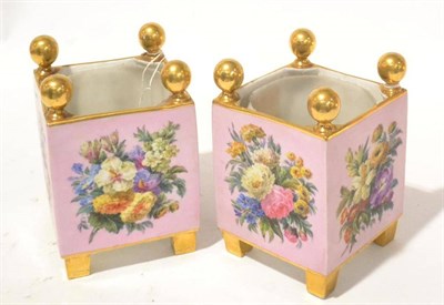 Lot 142 - A Pair of French Porcelain Planters, 19th century, of square form with ball finials, painted...